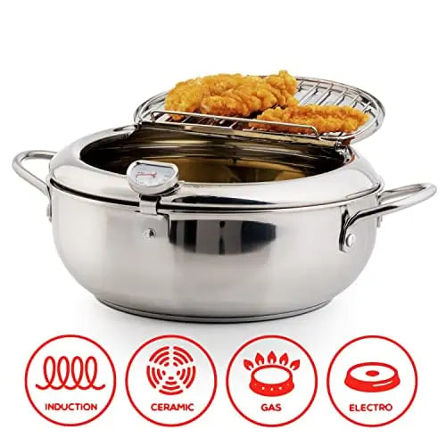 Stainless Steel Frying Pan with Thermometer & Draining Rack