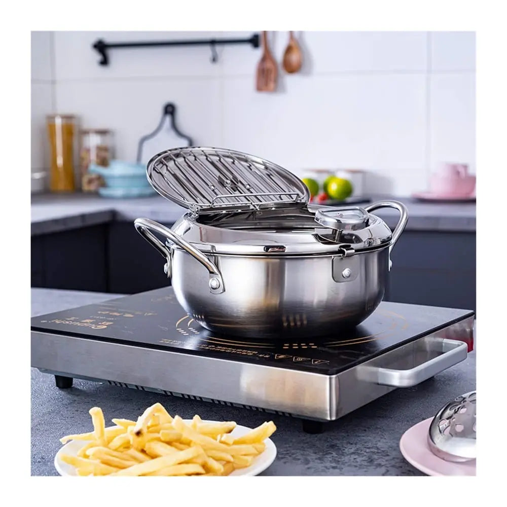 Stainless Steel Frying Pan with Thermometer & Draining Rack