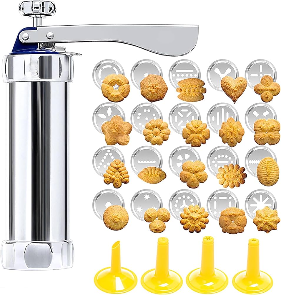 Stainless Steel Cookie Press 20 Shapes and 4 Nozzles for Perfect Even Cookies