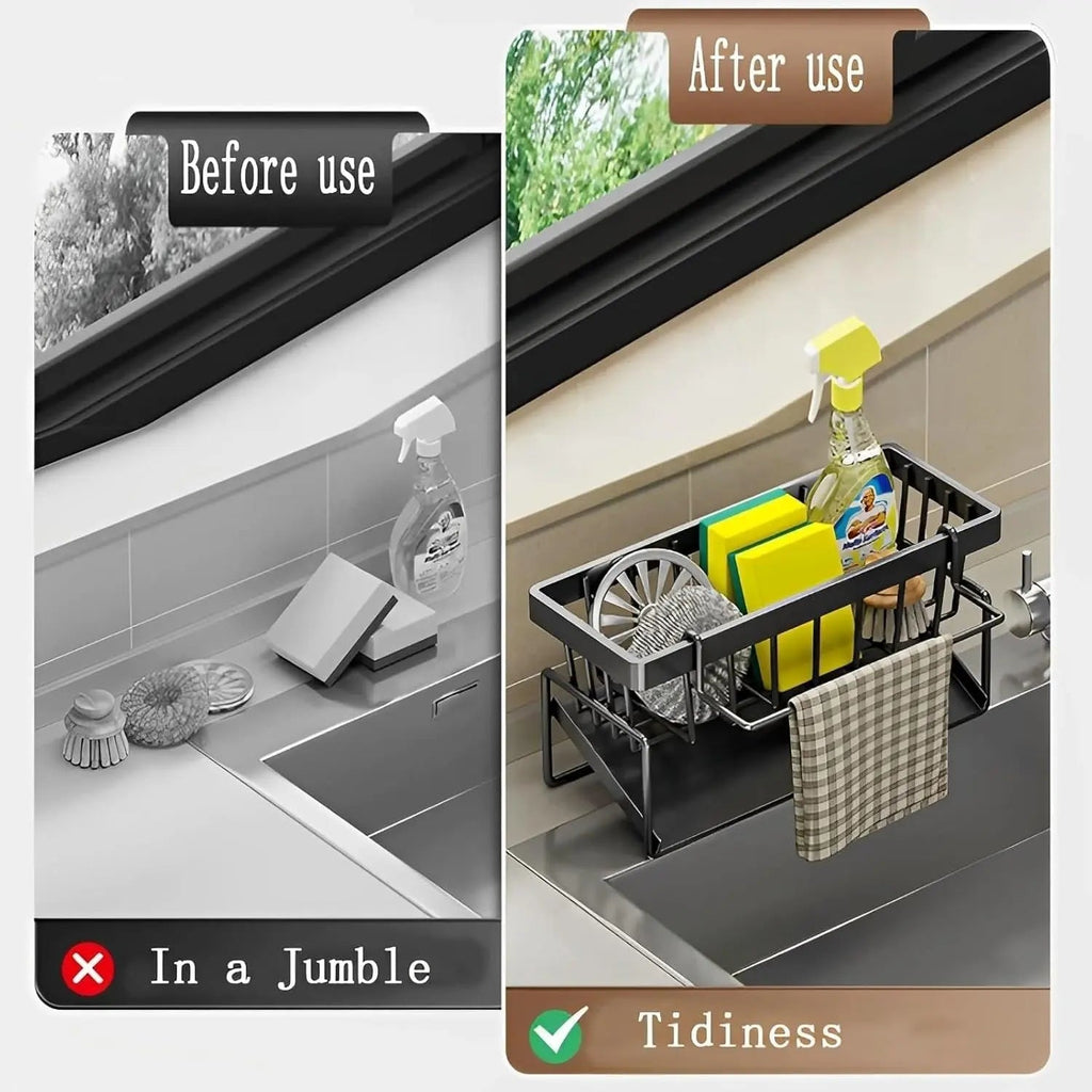 Stainless Steel Sink Organizer – With Towel Holder & Drain for Clean Order