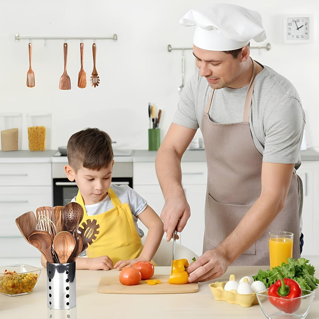 11-Piece Kitchen Utensil Set Made of Teak – Including Holder – Natural Look for the Kitchen