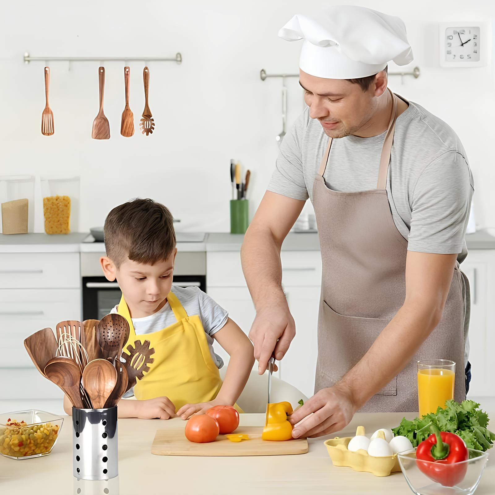 11-Piece Kitchen Utensil Set Made of Teak – Including Holder – Natural Look for the Kitchen