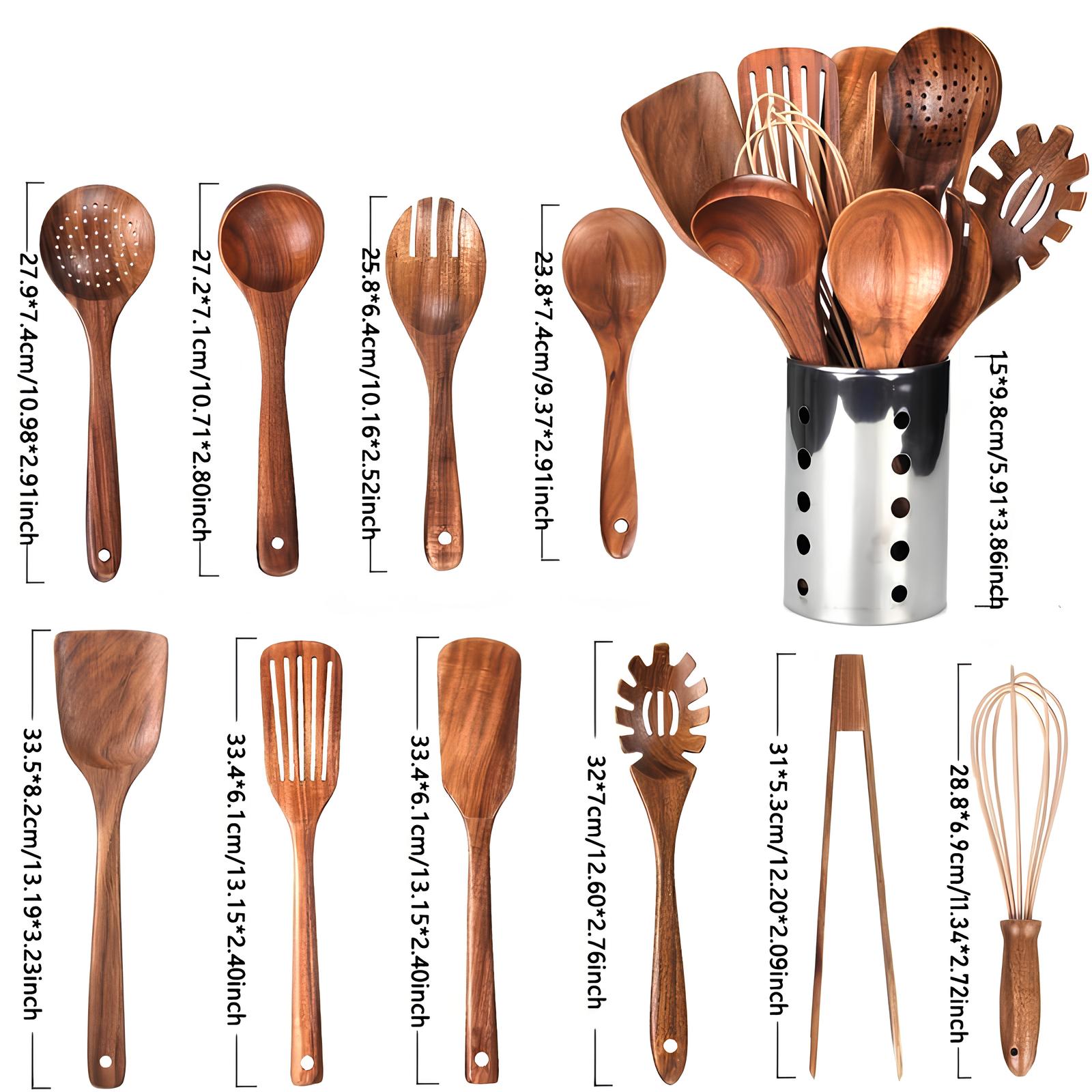11-Piece Kitchen Utensil Set Made of Teak – Including Holder – Natural Look for the Kitchen
