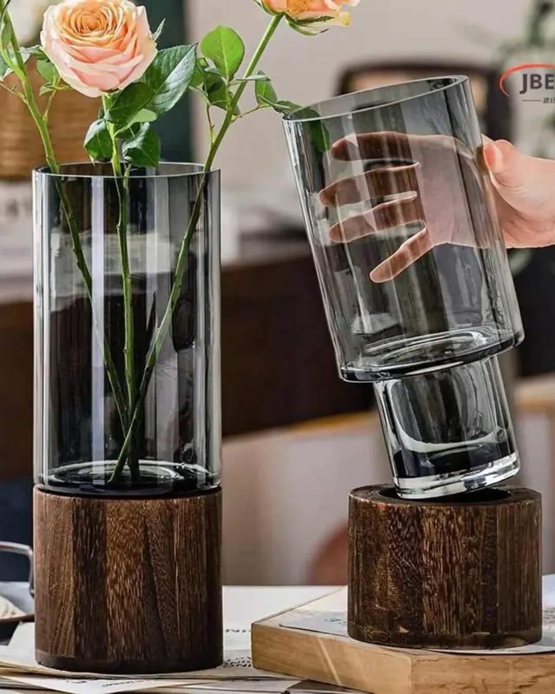 Glass flower vase with wooden base