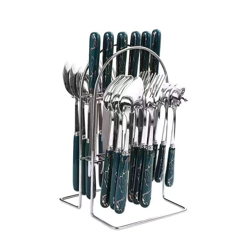 24-piece cutlery set with green handle