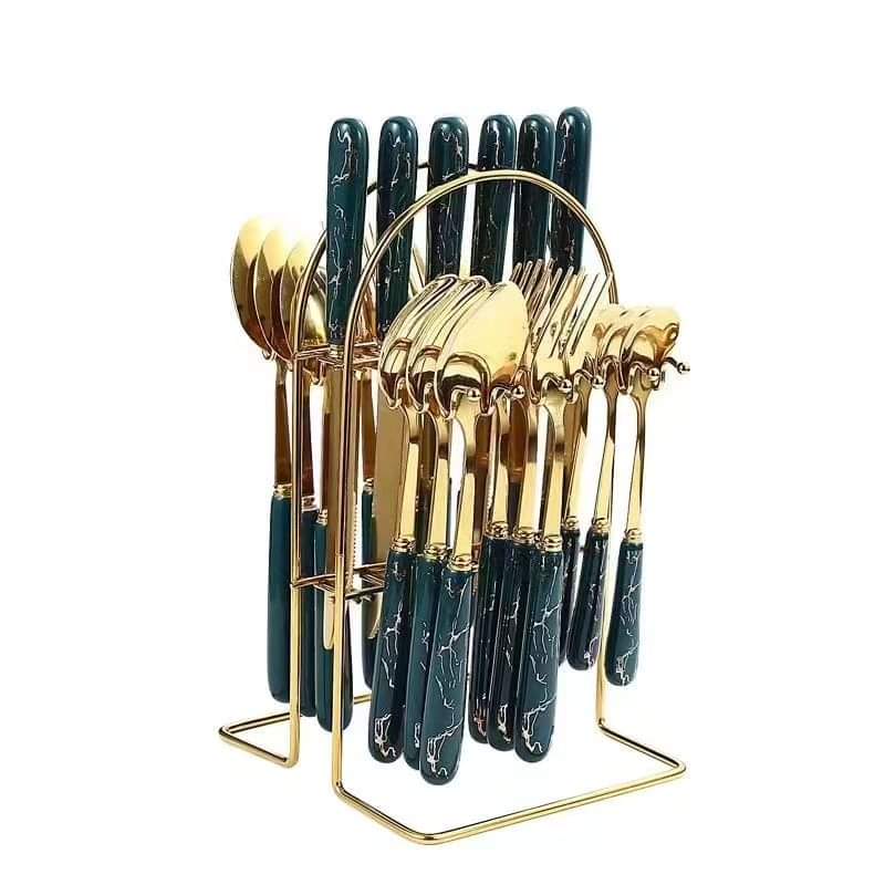 24-piece cutlery set with green handle