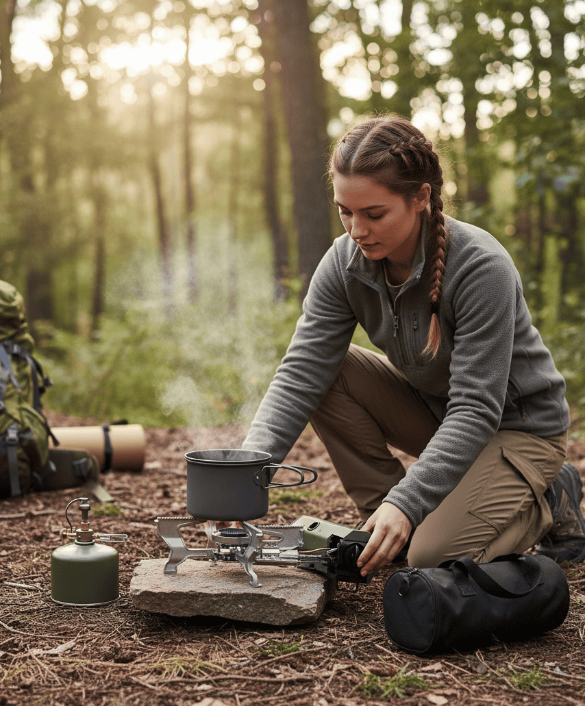 Compact camping stove set with butane gas bottle & carrying bag