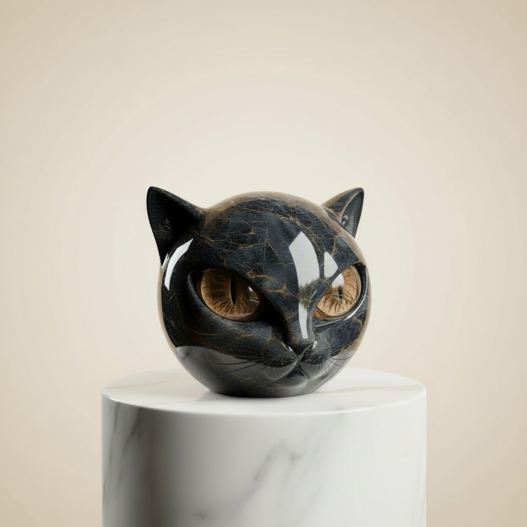 NoirCat Sculpture – Black Cat Head with Hypnotic Eyes
