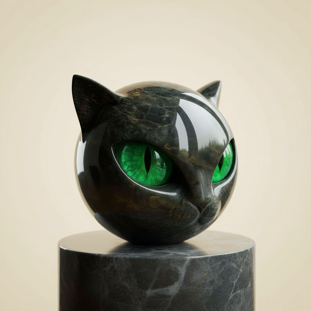 NoirCat Sculpture – Black Cat Head with Hypnotic Eyes