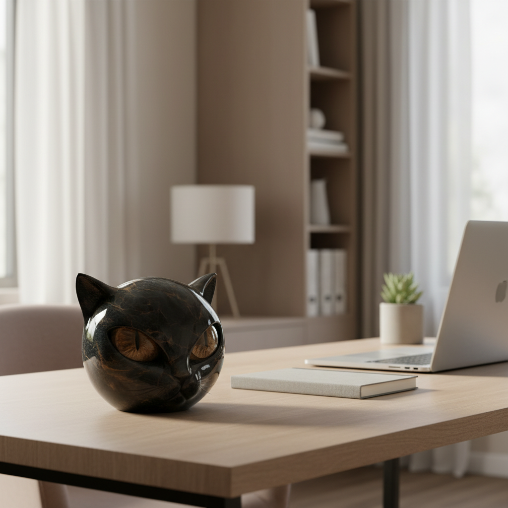 NoirCat Sculpture – Black Cat Head with Hypnotic Eyes
