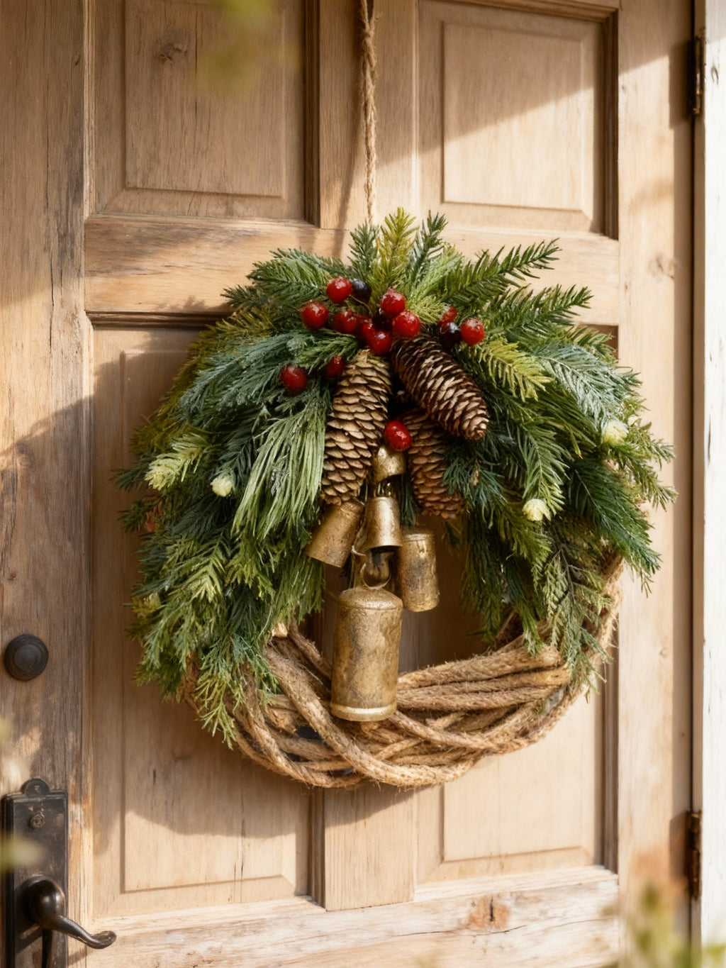 Handmade Bohemian Winter Wreath | Bells, Pinecones & Berries | 43 cm | Indoor/Outdoor