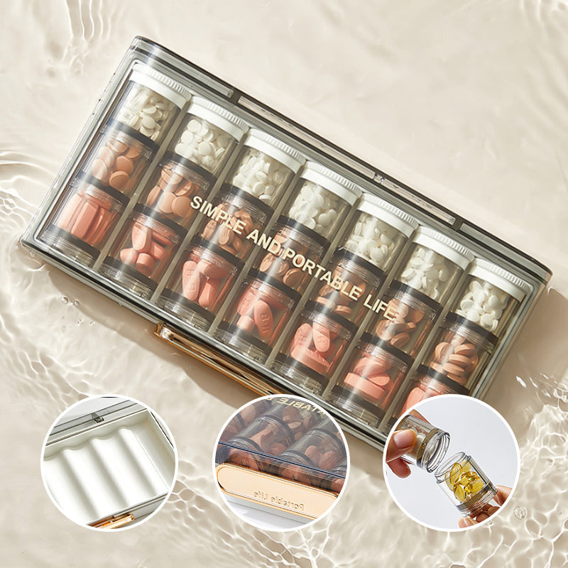 Portable high-capacity weekly pill box