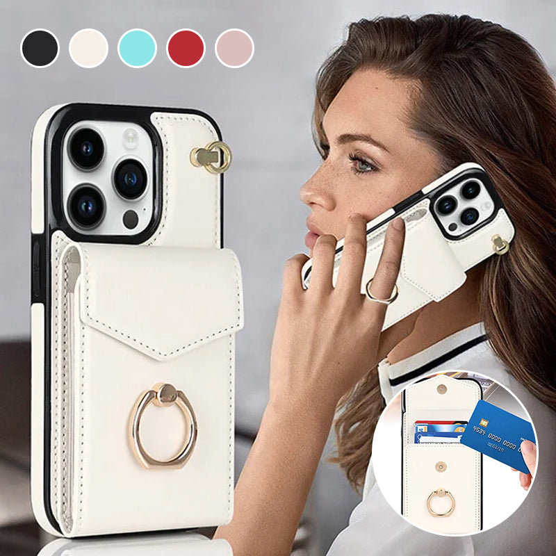 Leather Wallet Case with Ring & Lanyard for iPhone
