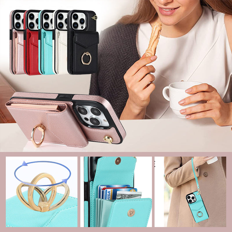 Leather Wallet Case with Ring & Lanyard for iPhone