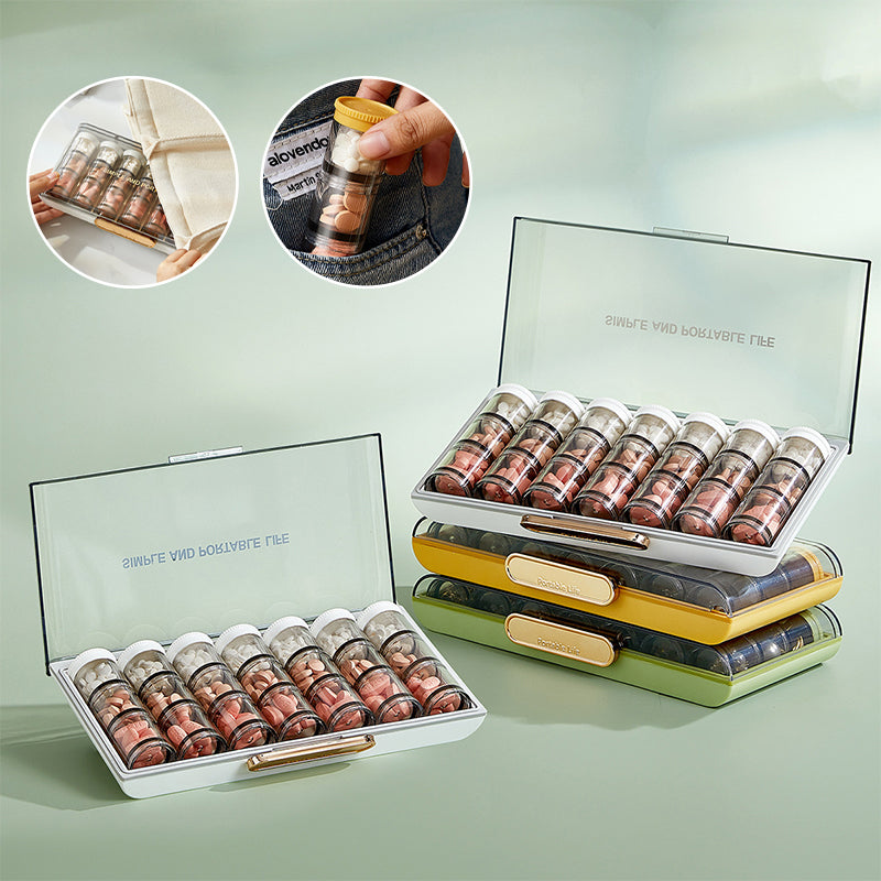 Portable high-capacity weekly pill box