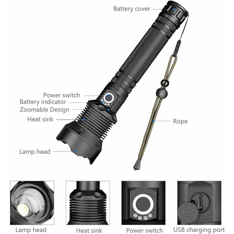 Rechargeable LED Flashlight with Zoom Beam, Up to 500 m Range