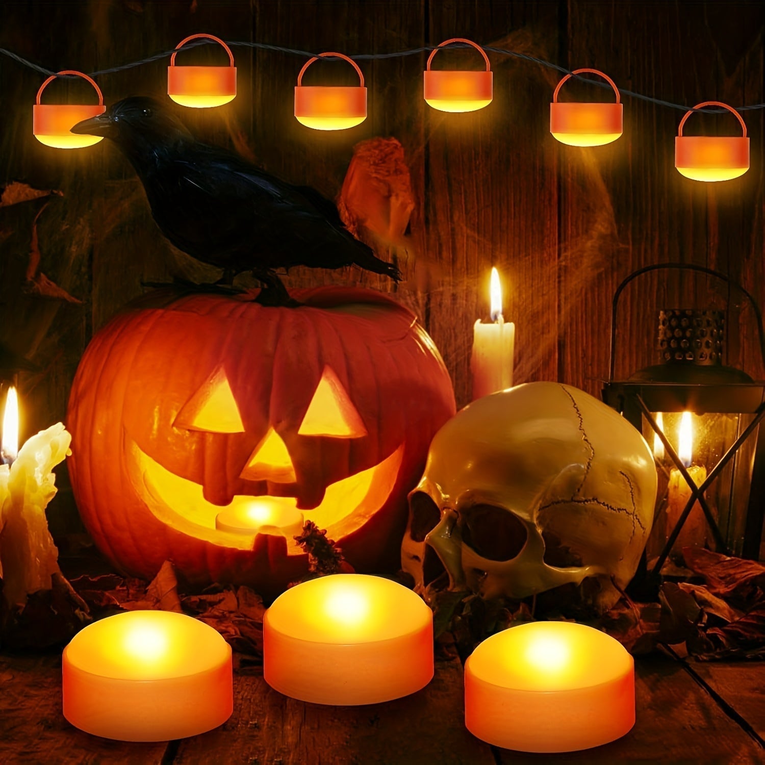 Flameless Jack-O’-Lantern Lights – LED Battery Tea Candle Decor Set