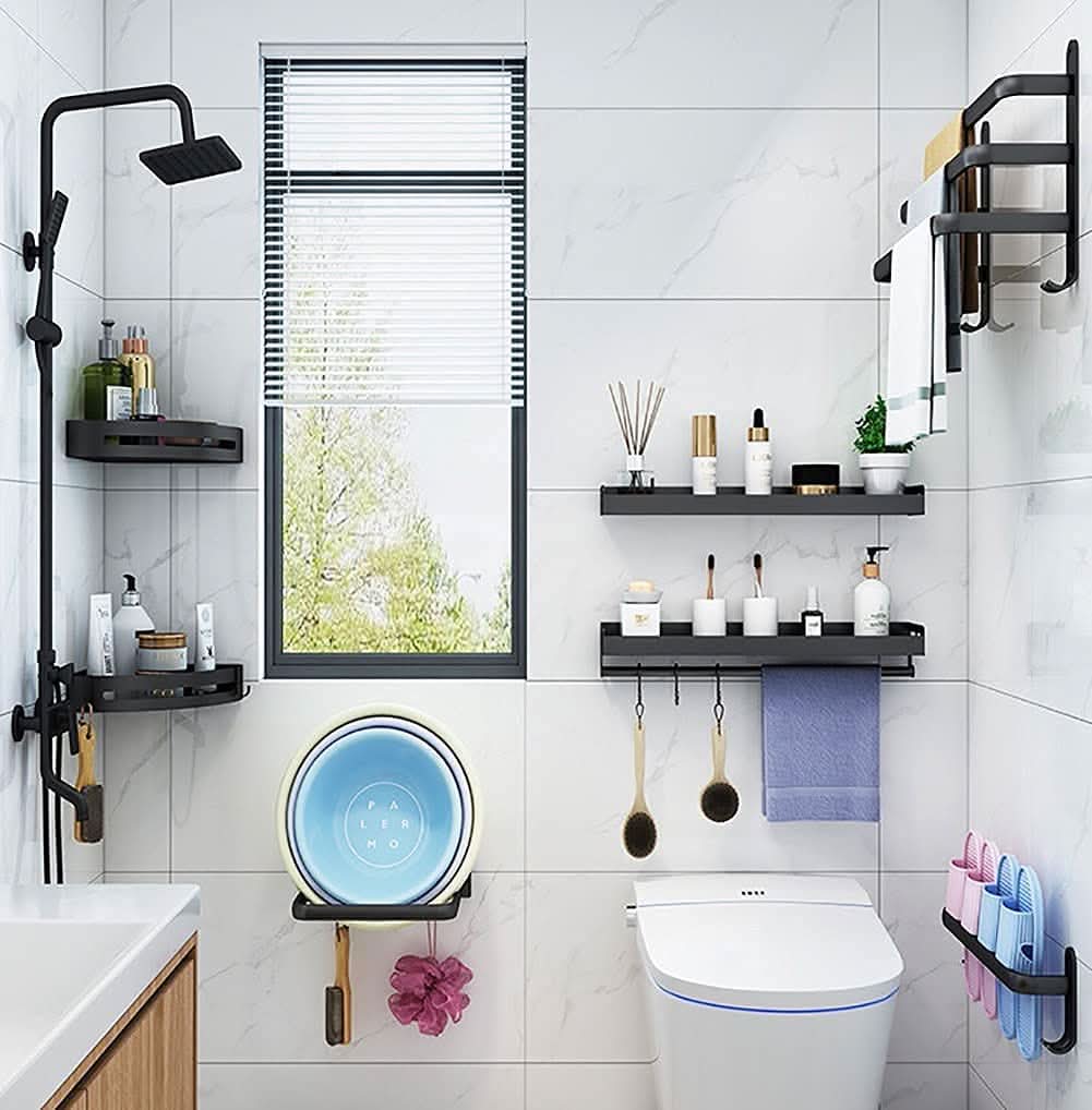 Wall-mounted bathroom shelf made of aluminum with 3 cross bars