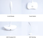 Flexible 14 LED Stand Desk Lamp Modern Touch Switch 3 Modes Dimmer USB Rechargeable Reading Study Light Table Lamp for Bedroom