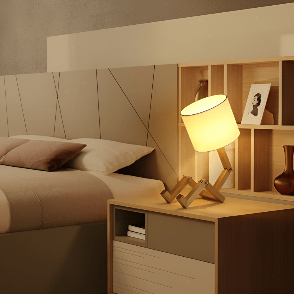Adjustable wooden lamp in robot design for reading & working light