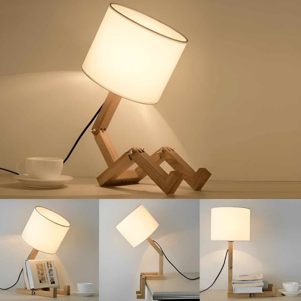 Adjustable wooden lamp in robot design for reading & working light