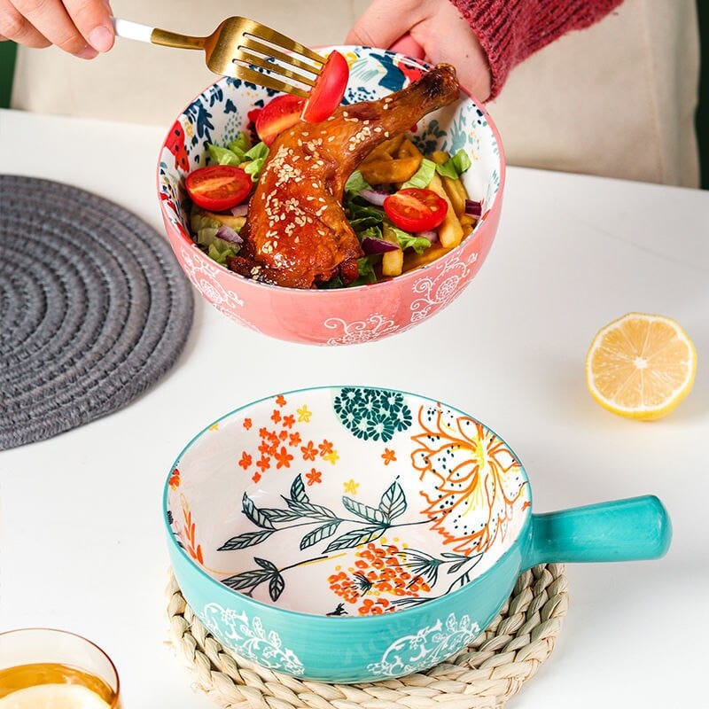 Floral single-handle ceramic bowl