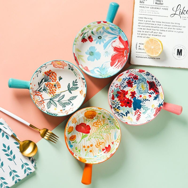 Floral single-handle ceramic bowl