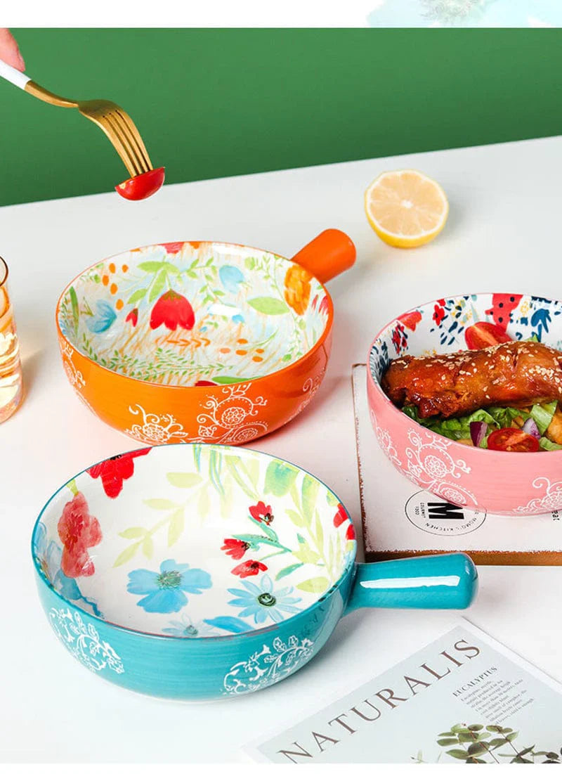 Floral single-handle ceramic bowl
