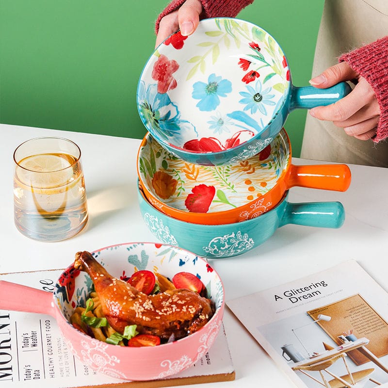 Floral single-handle ceramic bowl