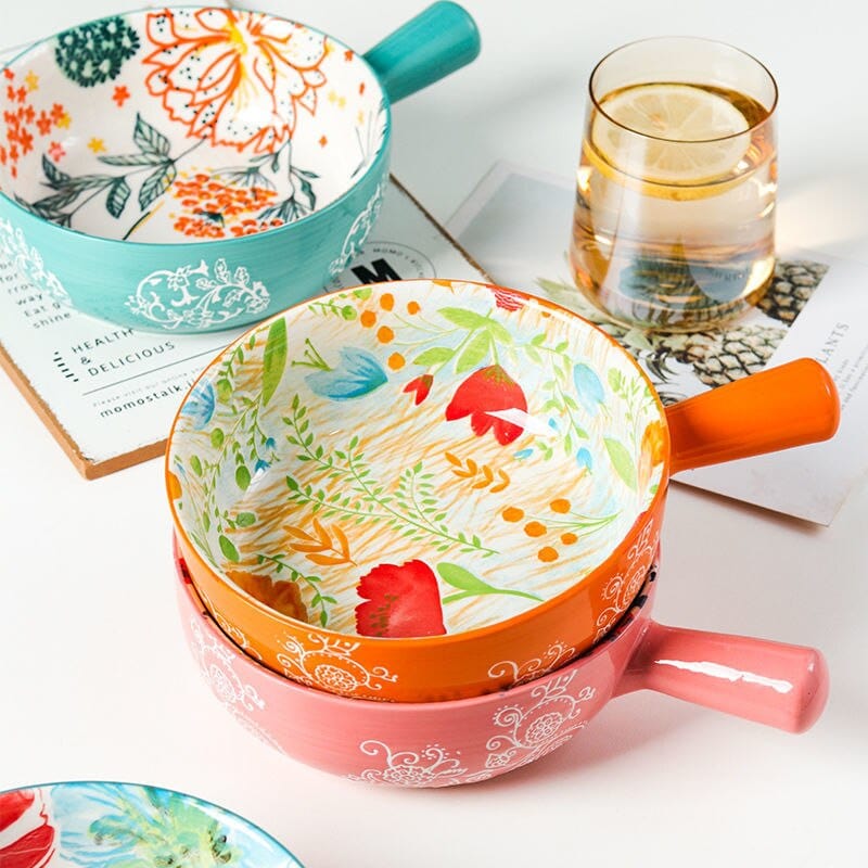 Floral single-handle ceramic bowl