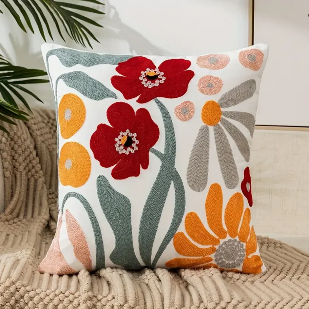 Floral Embroidered Cotton Cushion Cover