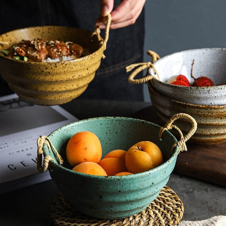 Fortessa ceramic bowl with hemp rope handle
