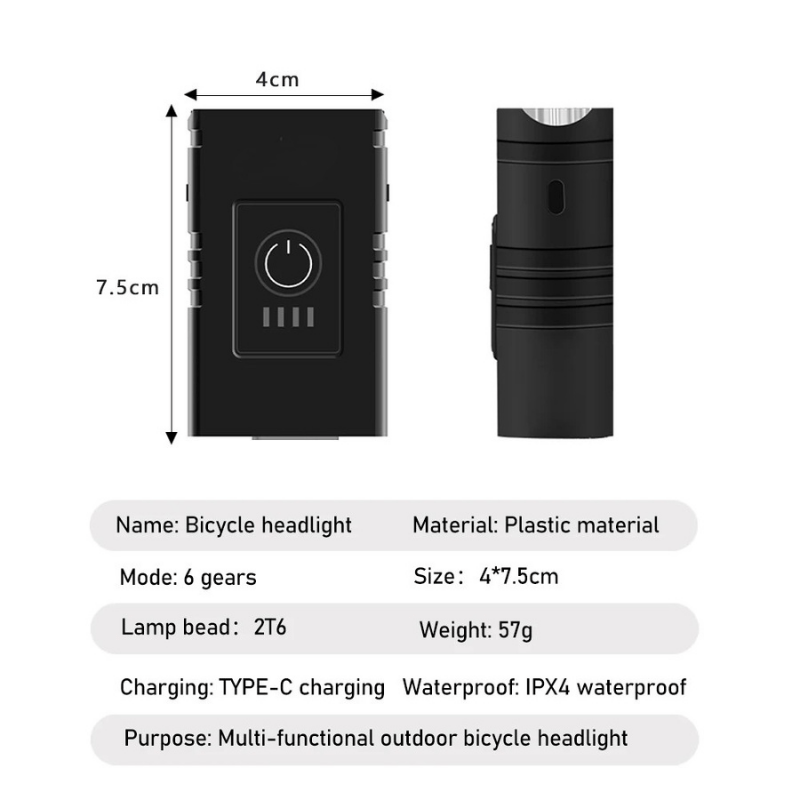 Rechargeable LED bike front light with 6 modes & USB-C charging function