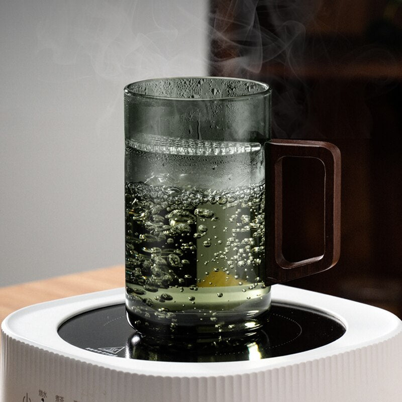 GIANXI Tea cup with moon filter Japanese wooden handle heat-resistant glass cups tea leaf separation tea cup set