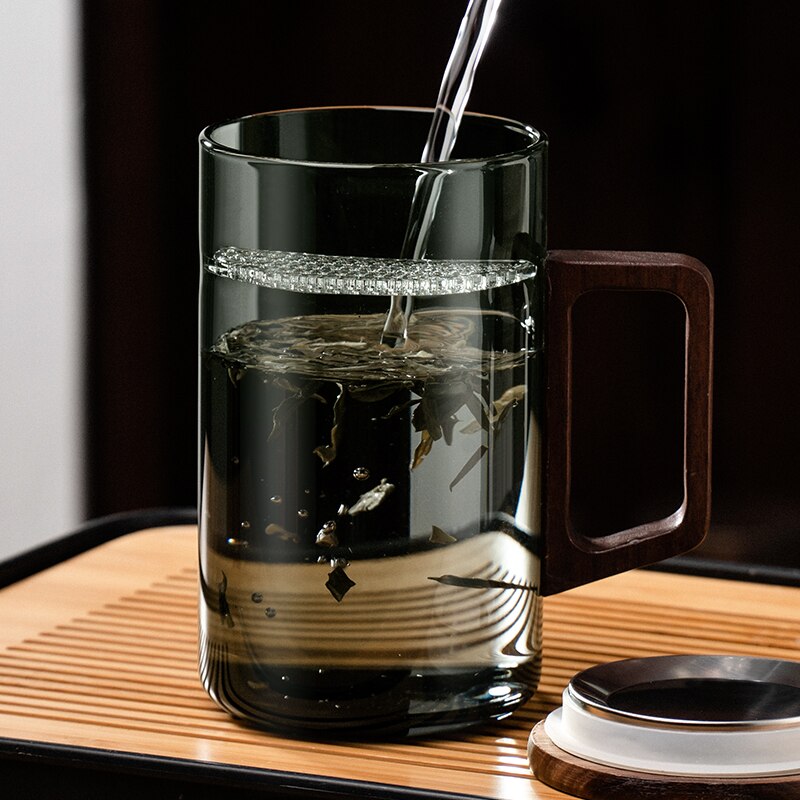 GIANXI Tea cup with moon filter Japanese wooden handle heat-resistant glass cups tea leaf separation tea cup set