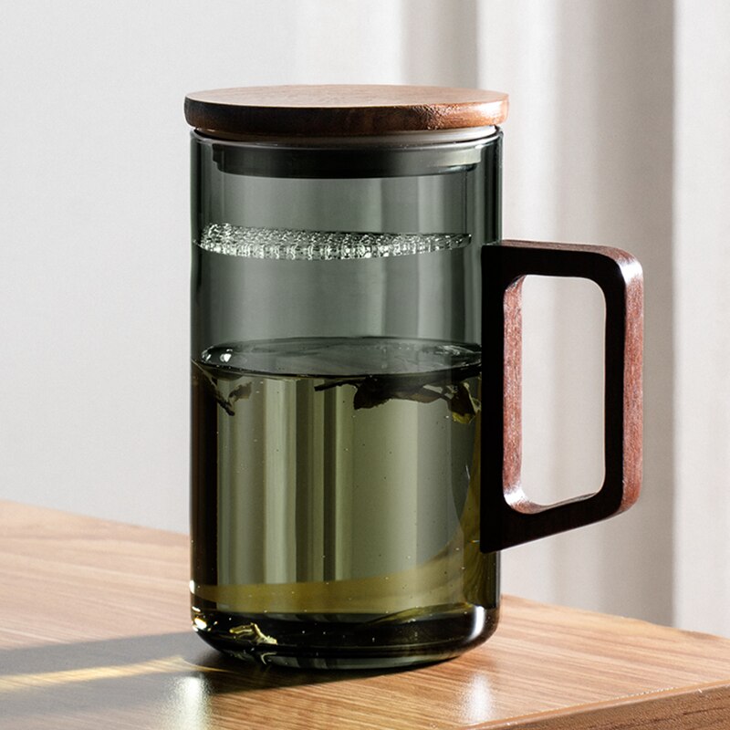GIANXI Tea cup with moon filter Japanese wooden handle heat-resistant glass cups tea leaf separation tea cup set