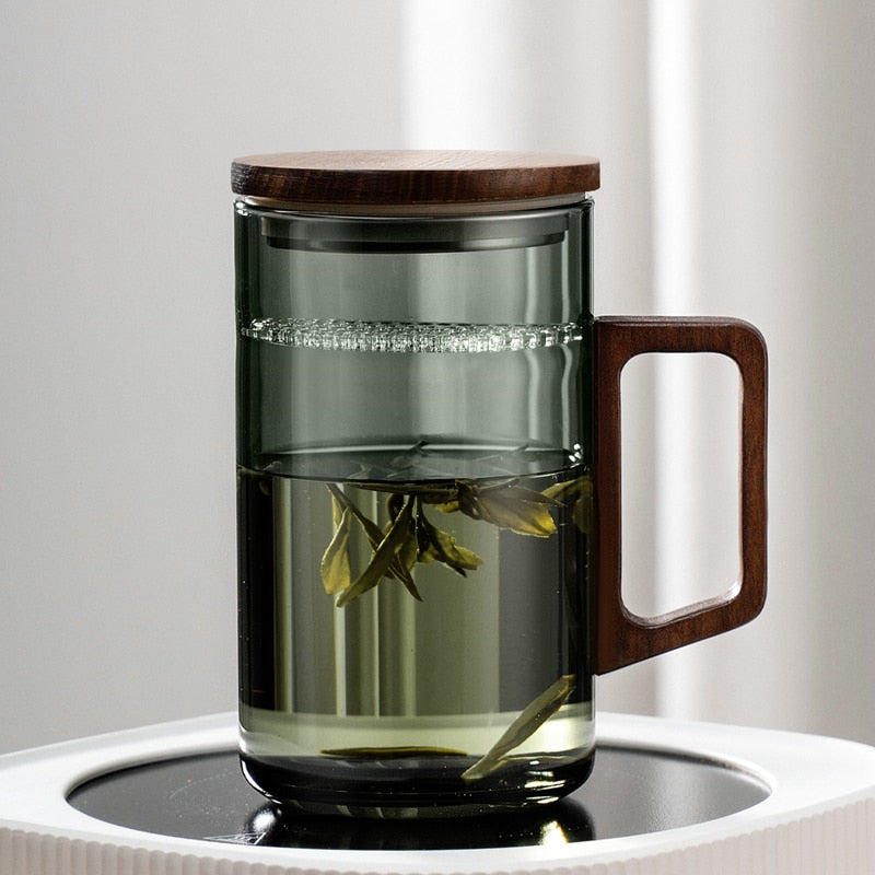 GIANXI Tea cup with moon filter Japanese wooden handle heat-resistant glass cups tea leaf separation tea cup set