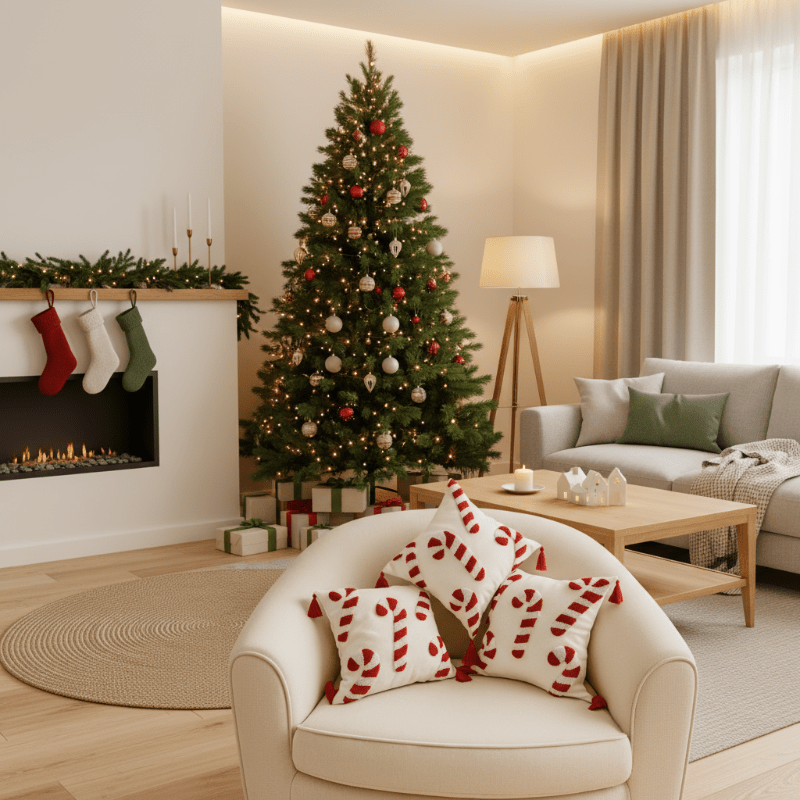 Festive Christmas pillow cover with candy cane motif and soft polyester fabric