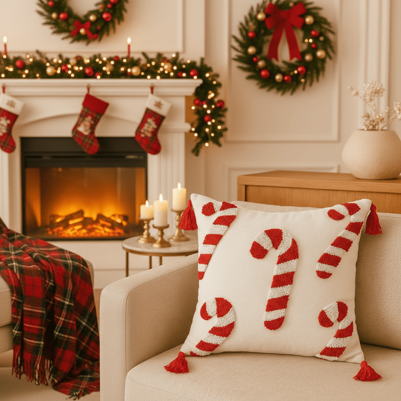 Festive Christmas pillow cover with candy cane motif and soft polyester fabric