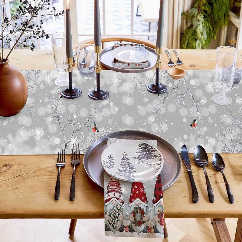 Festive Linen Table Runner for Christmas with Snowflake and Gnome Motif