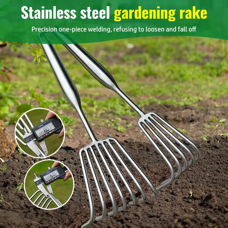 Garden rake made of stainless steel — Sturdy hand rake with non-slip grip