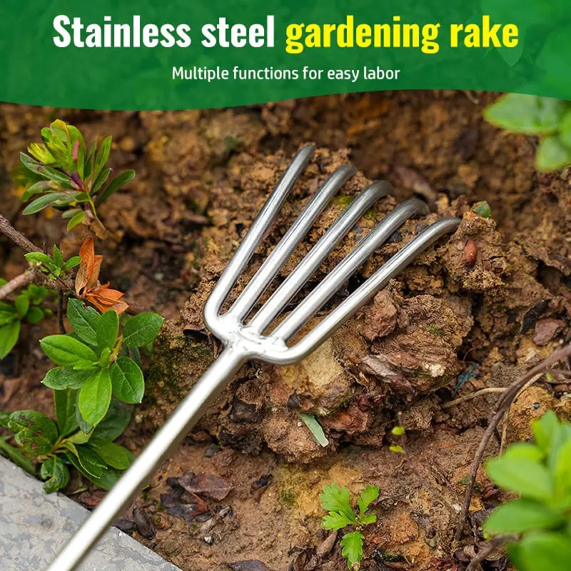 Garden rake made of stainless steel — Sturdy hand rake with non-slip grip
