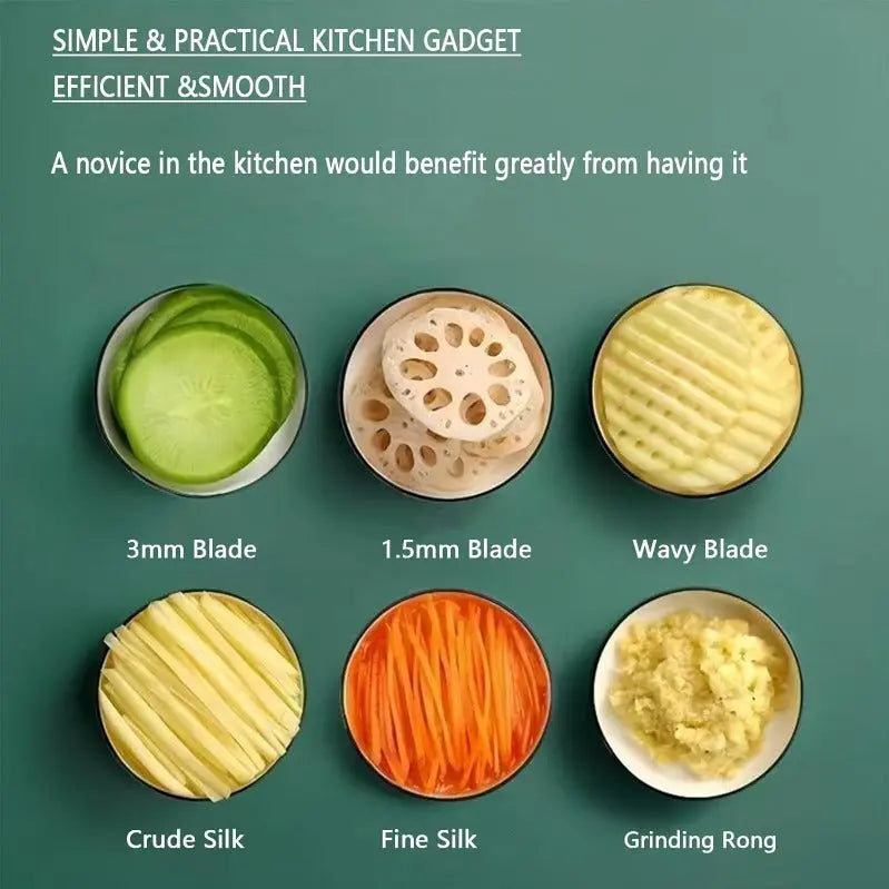 Vegetable slicer and grater with 6 blades made of stainless steel and safety device