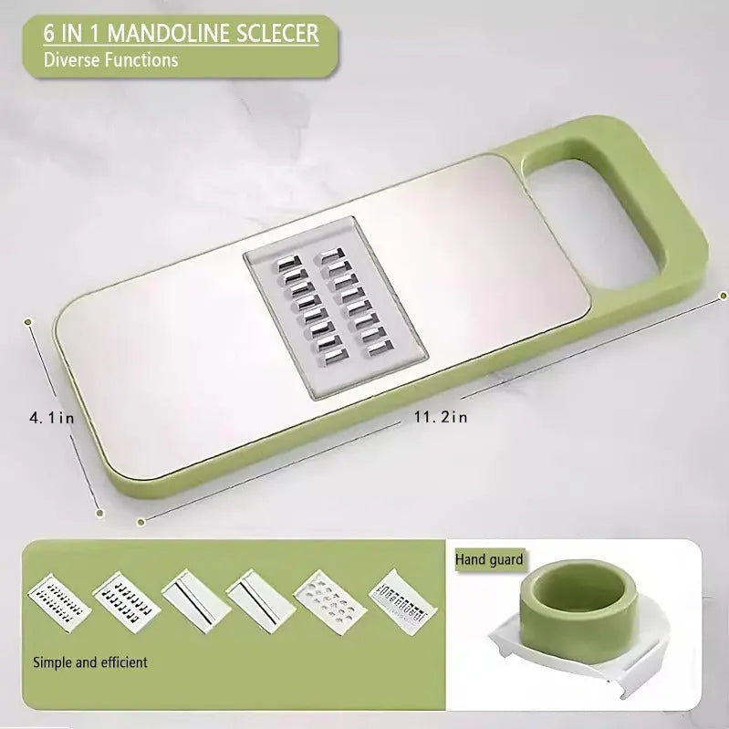 Vegetable slicer and grater with 6 blades made of stainless steel and safety device