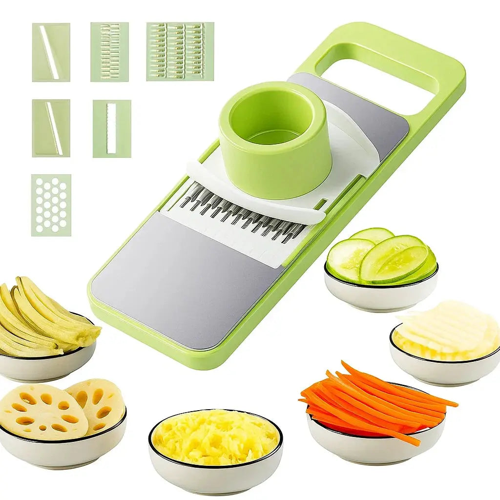 Vegetable slicer and grater with 6 blades made of stainless steel and safety device