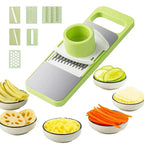 Vegetable slicer and grater with 6 blades made of stainless steel and safety device