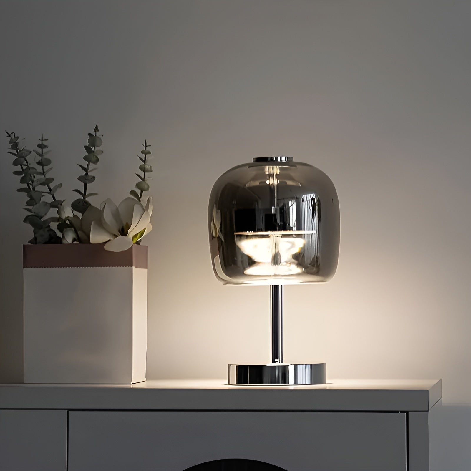 Gleam Glass Table Lamp – Smoky Grey USB-Powered Dimmable LED Light for Bedroom & Desk