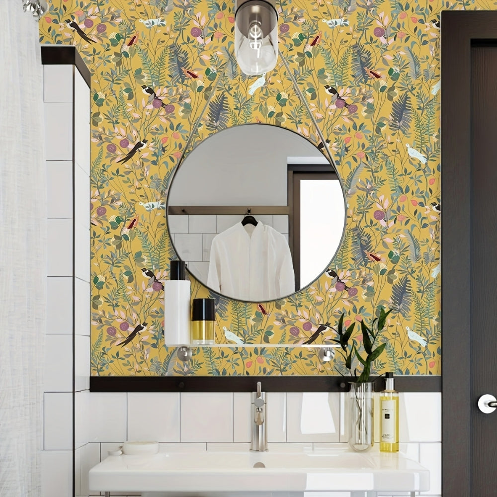 Golden Canopy Bird and Leaf Peelable Wallpaper
