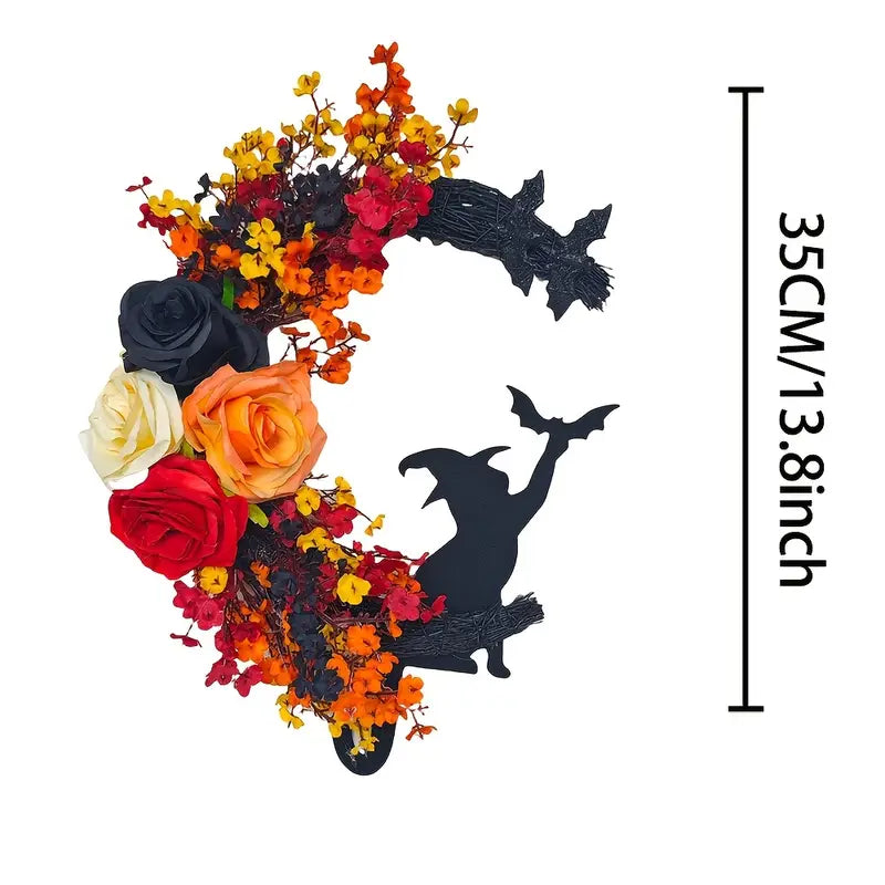 Gothic Door Wreath with Witch Cat | Halloween Decoration