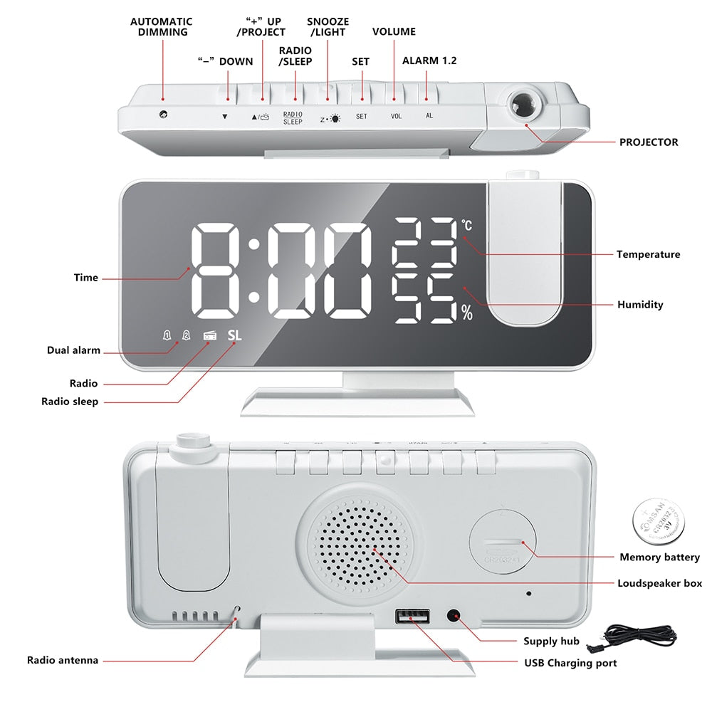 Eindhoven Astronatic | The Best Alarm Clock with LED Screen - 180° Projector - USB Charger